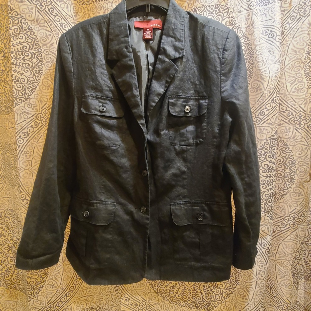 Merona Linen Utility Blazer Women XL Black Button Front 4 Pocket Jacket